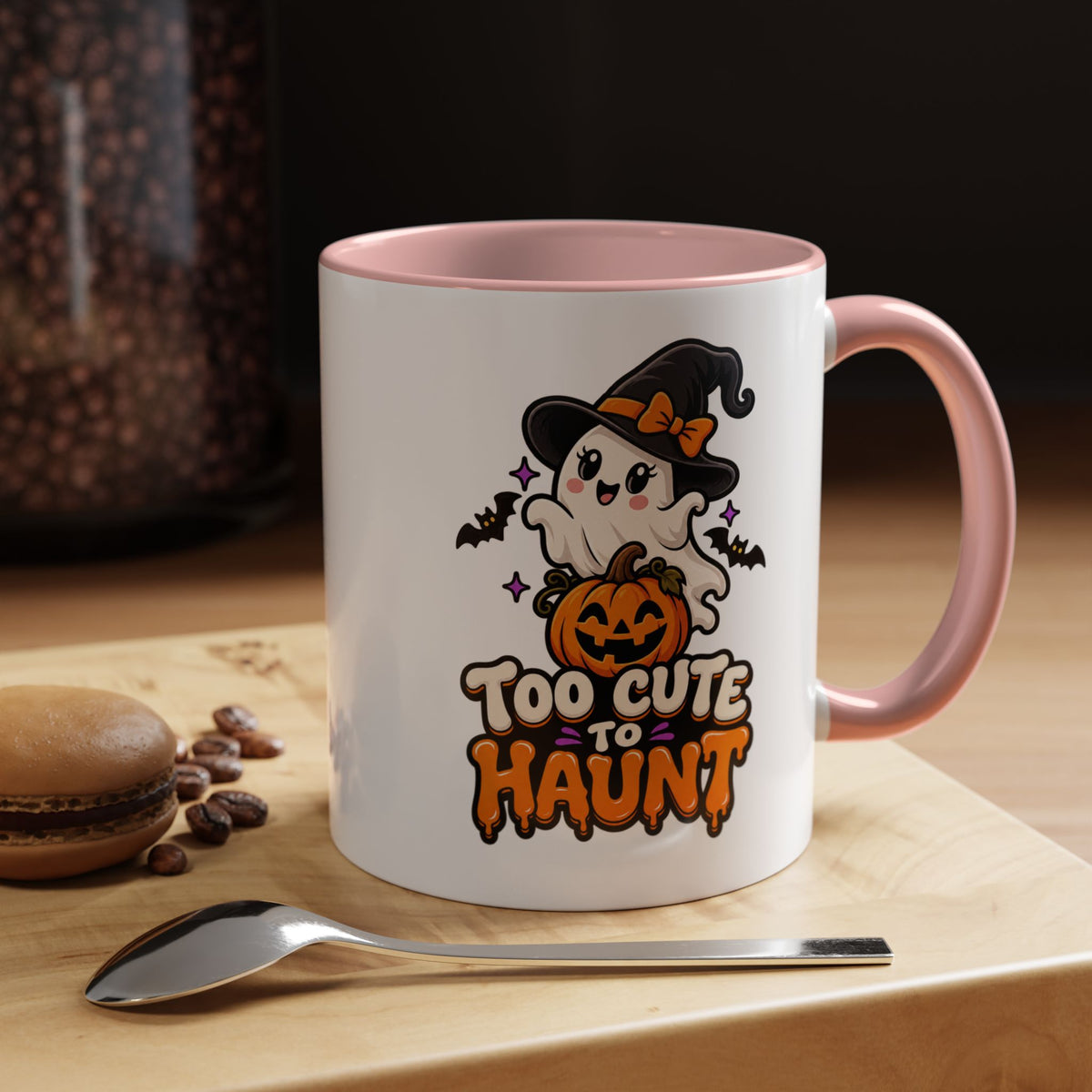 Halloween Coffee Mug - 'Too Cute to Haunt' Ghost Pumpkin Accent Mug