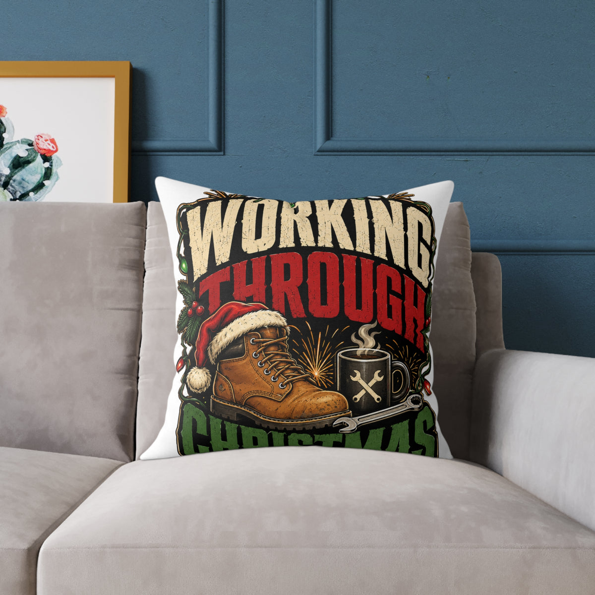 Working Through Christmas Modern Day Christmas Decorative Pillow — Holiday Boot & Coffee Throw Pillow