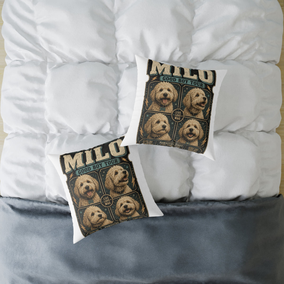 Milo "Good Boy Tour" Dog Photo Square Pillow  Milo Bailey Dog Dad Mom — Cute Pet Portrait Throw Pillow