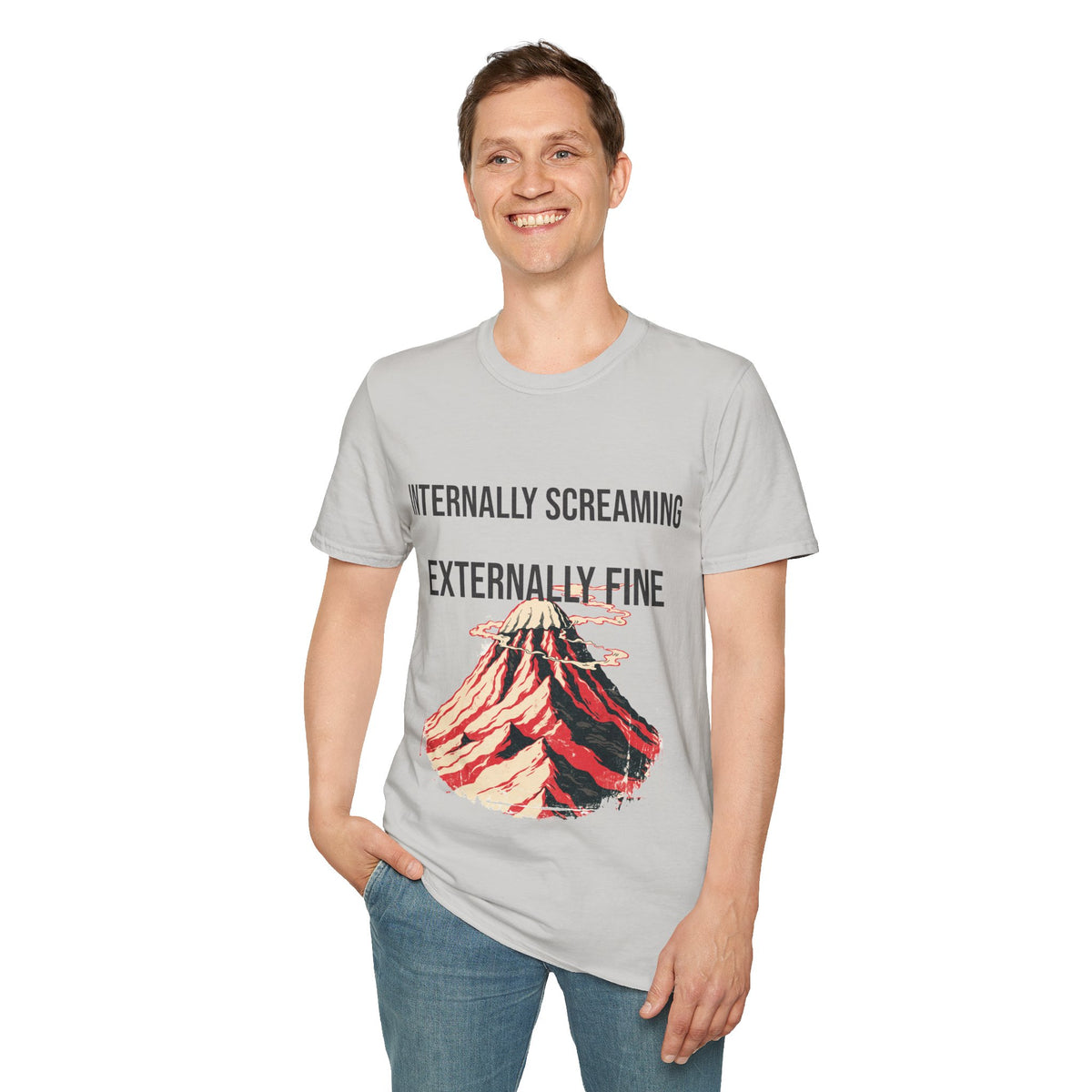 "Internally Screaming Externally Fine" Melting Volcano Tee - Funny Relatable Aesthetic White T-Shirt - Trending Now - September 2026