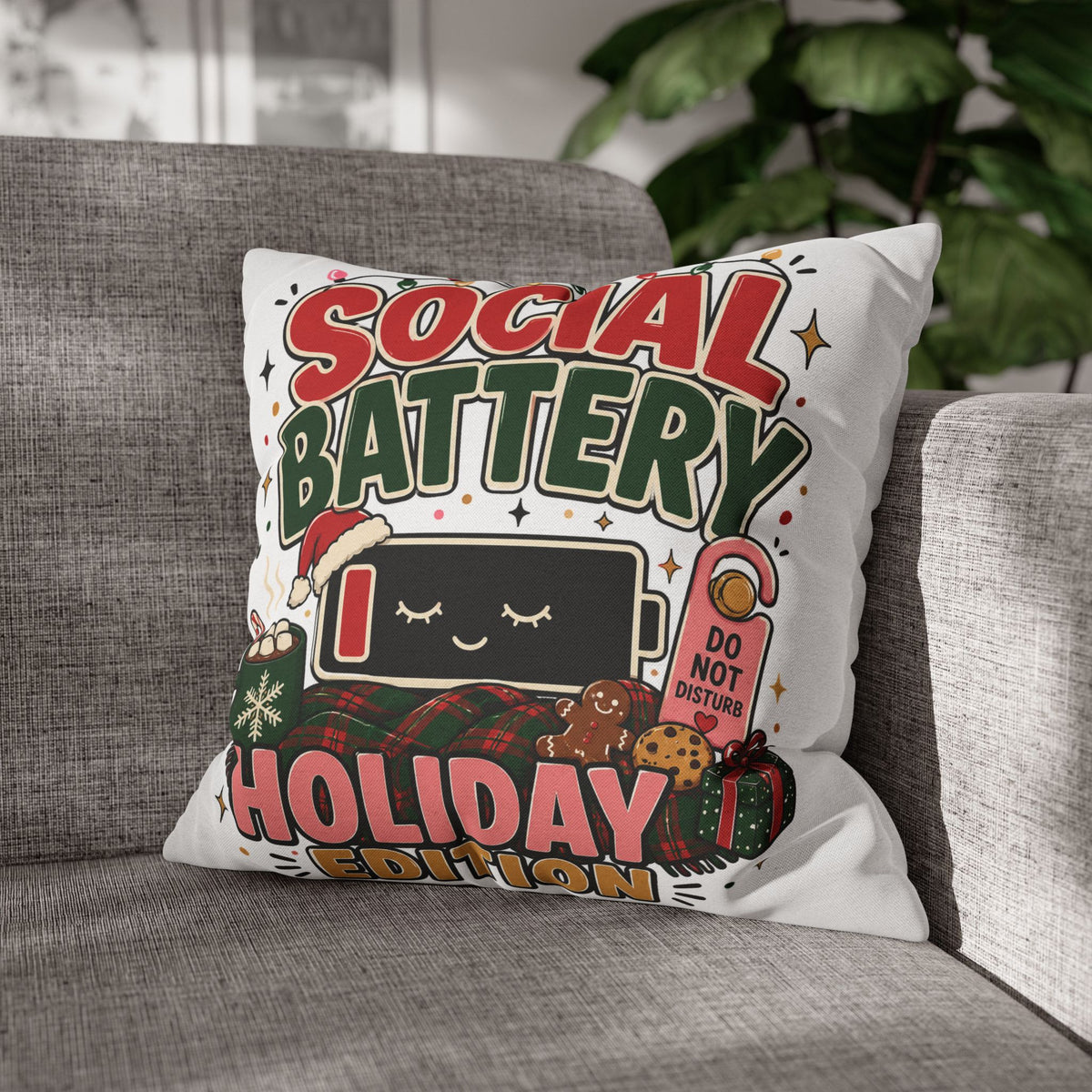 Social Battery Holiday Pillowcase  Modern Day Christmas — Cute Rechargeable Battery Christmas Throw Pillow Cover