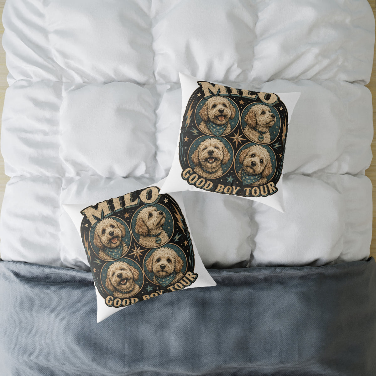 Personalized Dog Pillow  Milo Bailey Dog Dad Mom— 'Milo' Retro Pet Portrait Cushion (Good Boy Tour Design)