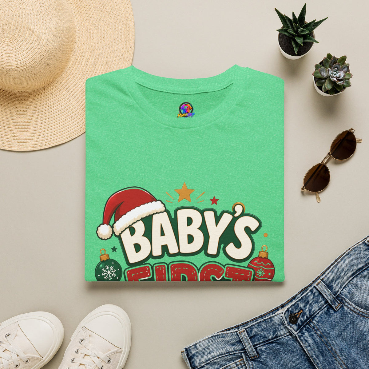 Baby's First Christmas T-Shirt — Festive Santa Hat & Ornaments Holiday Tee