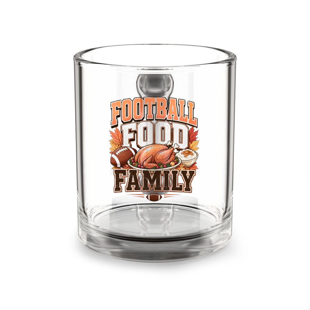 Glass Mug — Thanksgiving Football Food Family Glass Mug — 10oz Game Day Coffee & Tea Cup