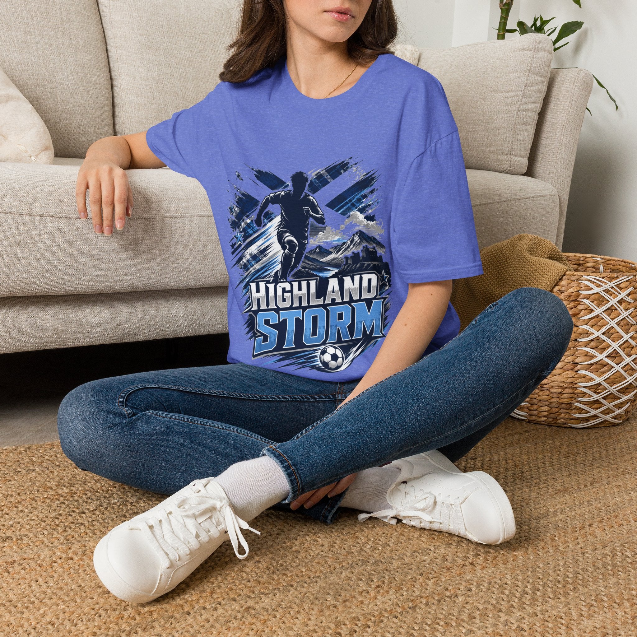 Scotland Highland Storm Soccer T-Shirt — Mountain Soccer Player Graphic Tee