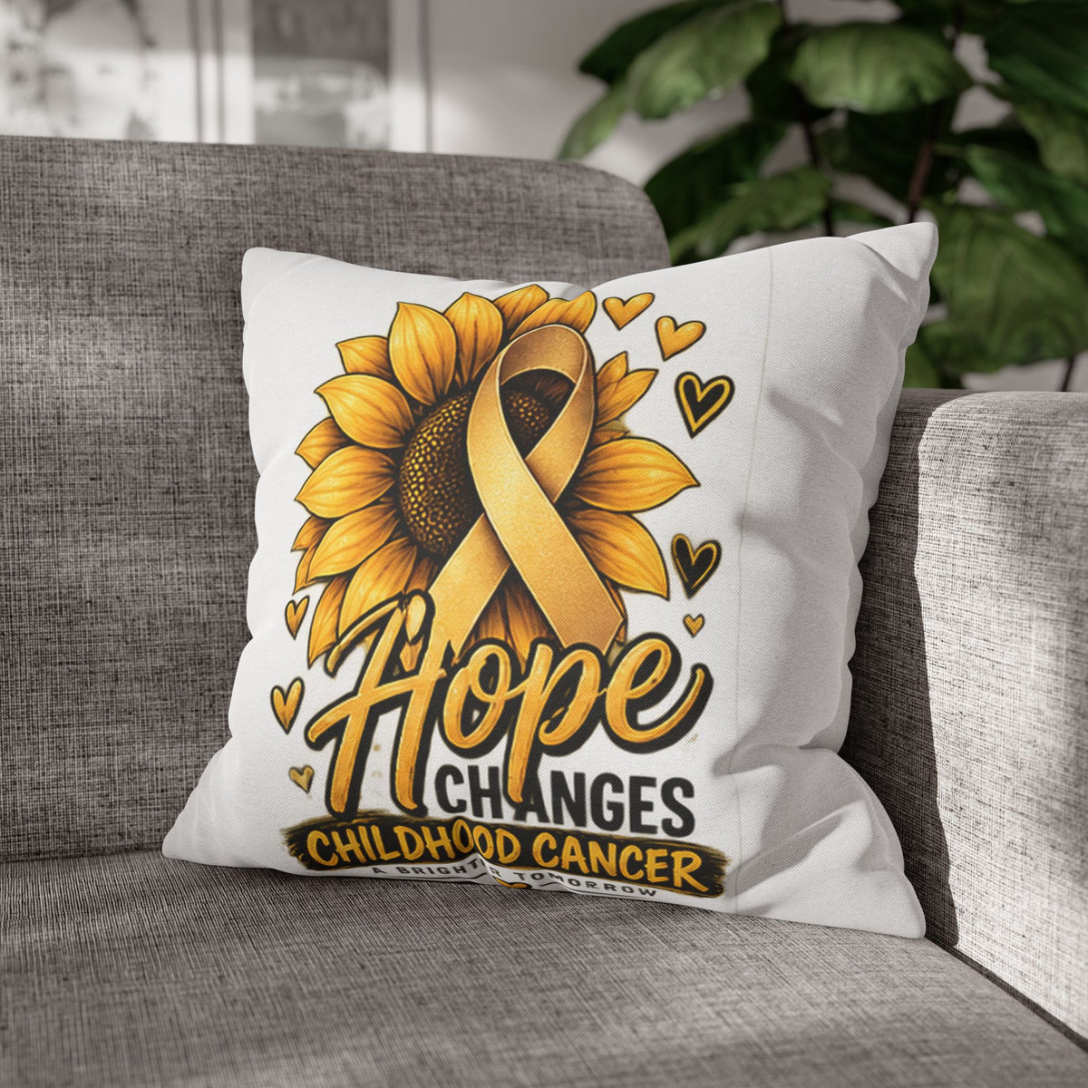 Childhood Cancer Awareness Pillow — "Hope Changes Childhood Cancer" Sunflower Ribbon Cushion