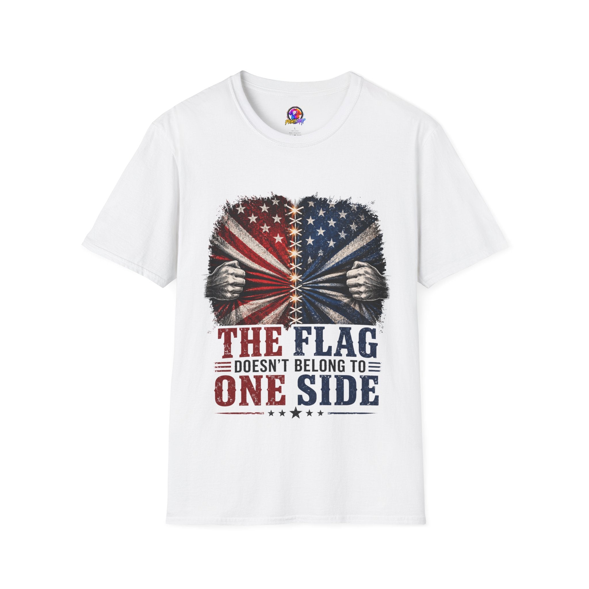 T-Shirt — "The Flag Doesn't Belong to One Side" Distressed American Flag Graphic