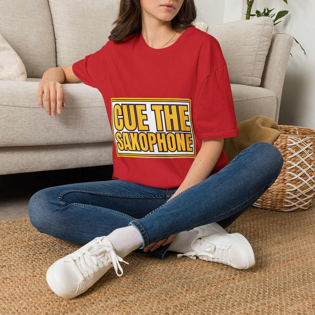 "Cue The Saxophone" Bold Yellow Typography Graphic Tee - Trending Now - September 2026
