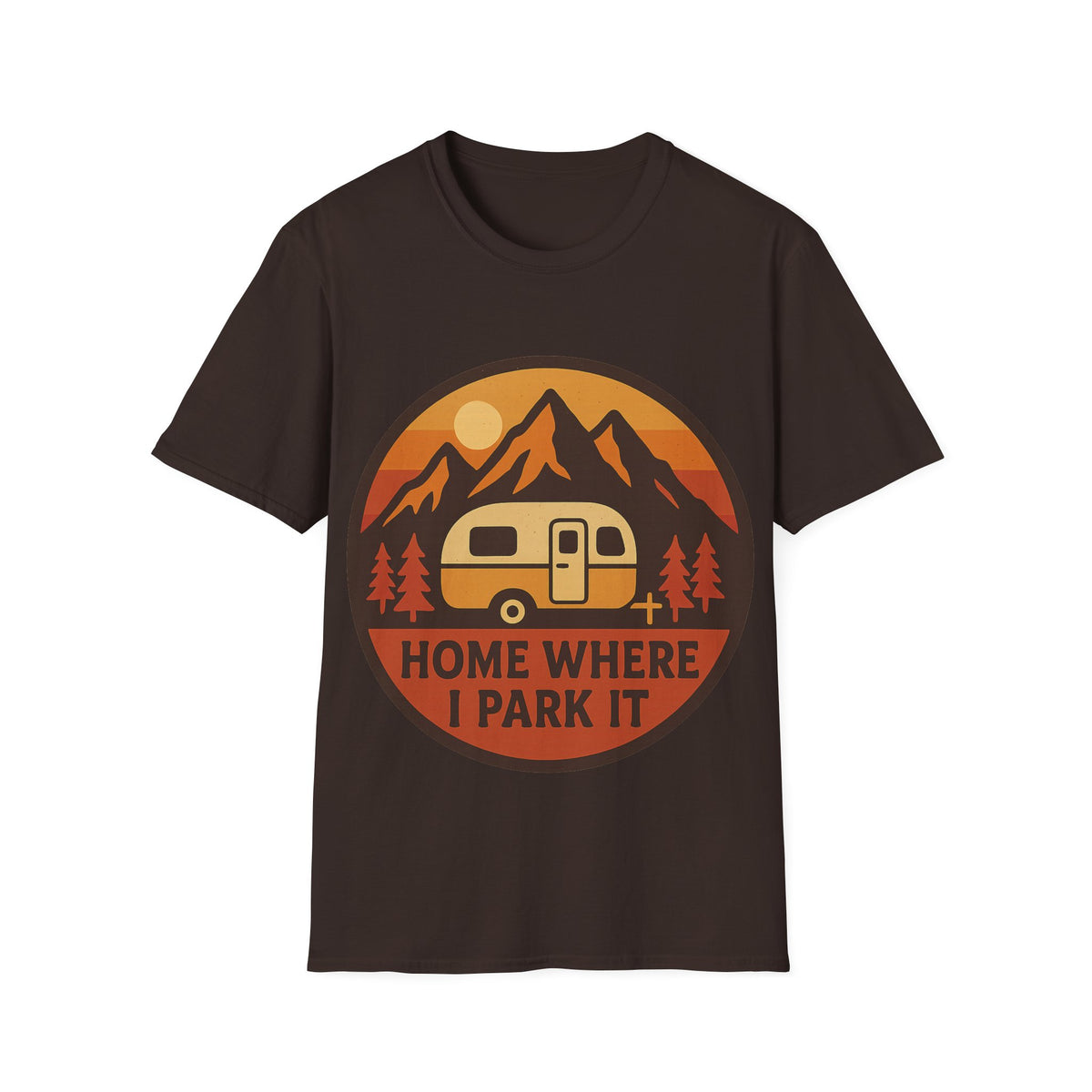"Home Where I Park It" Vintage Camper Van Graphic Tee - Retro Sunset Mountain White T-Shirt - Trending Now - September 2026