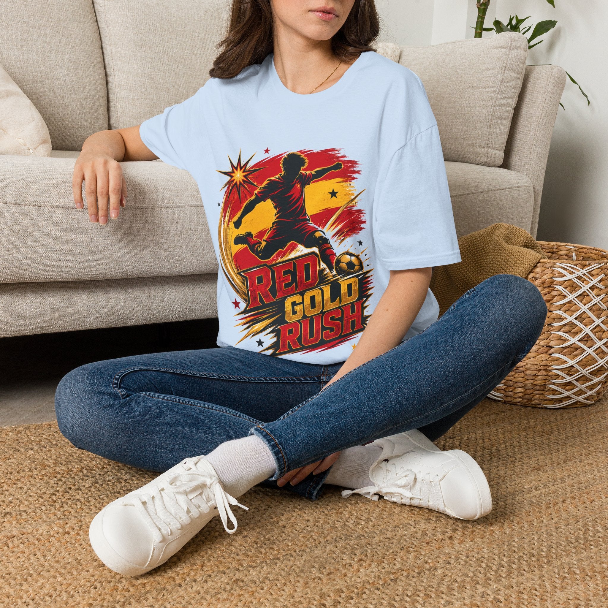 Spain Red & Gold Rush Soccer T-Shirt — Retro Soccer Player Graphic