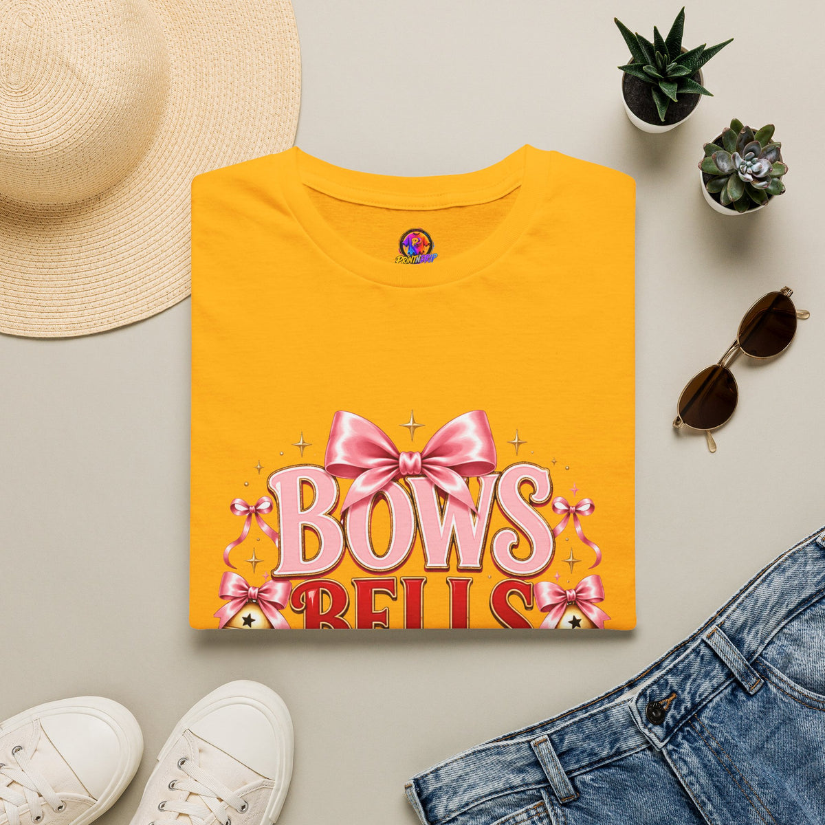 T-Shirt — "Bows Bells Bliss" Pink Holiday Graphic Tee