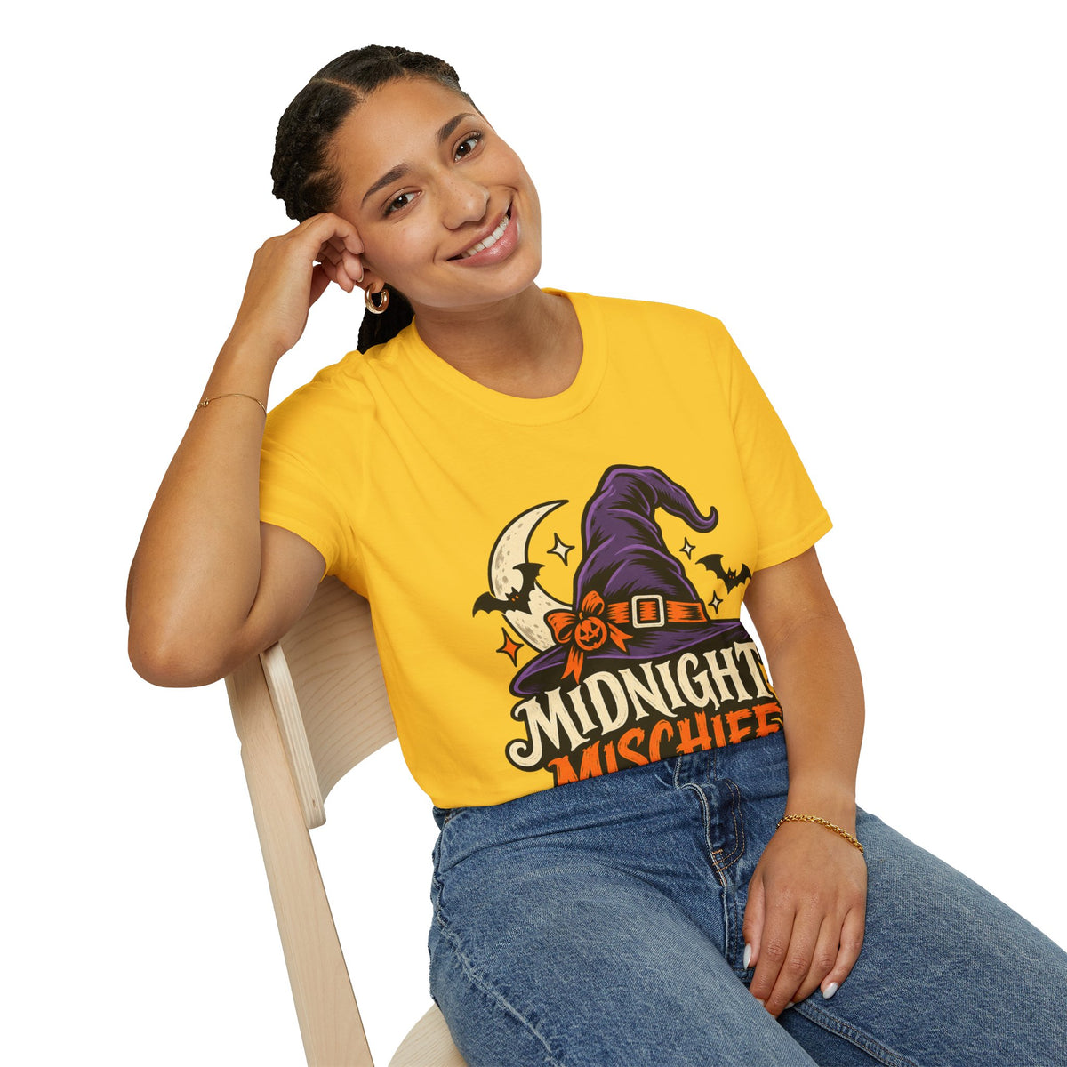 Midnight Mischief Halloween T-Shirt — Witch Hat & Bats Graphic