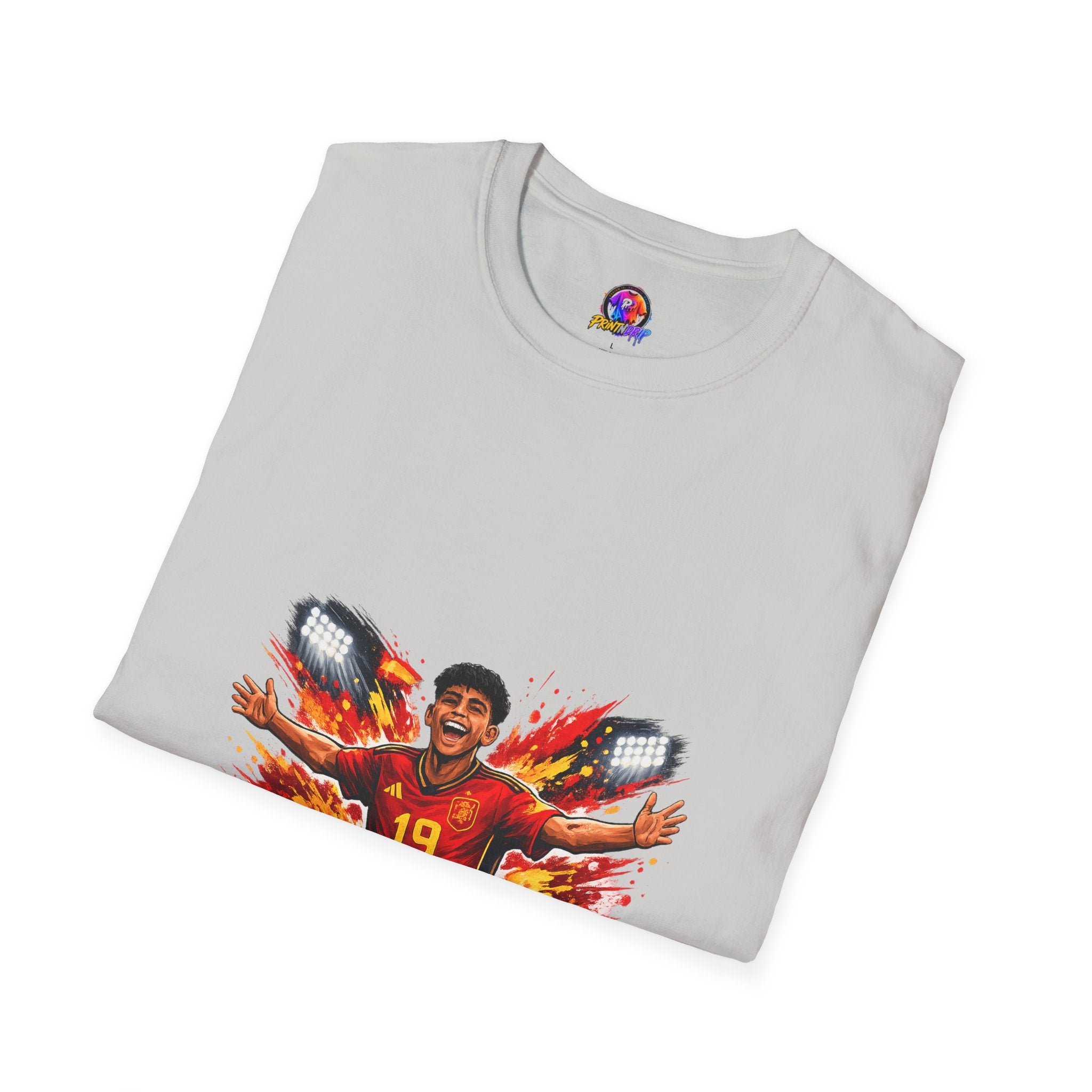 Spain Soccer Fan Portrait T‑Shirt – Fiery Goal Celebration Design
