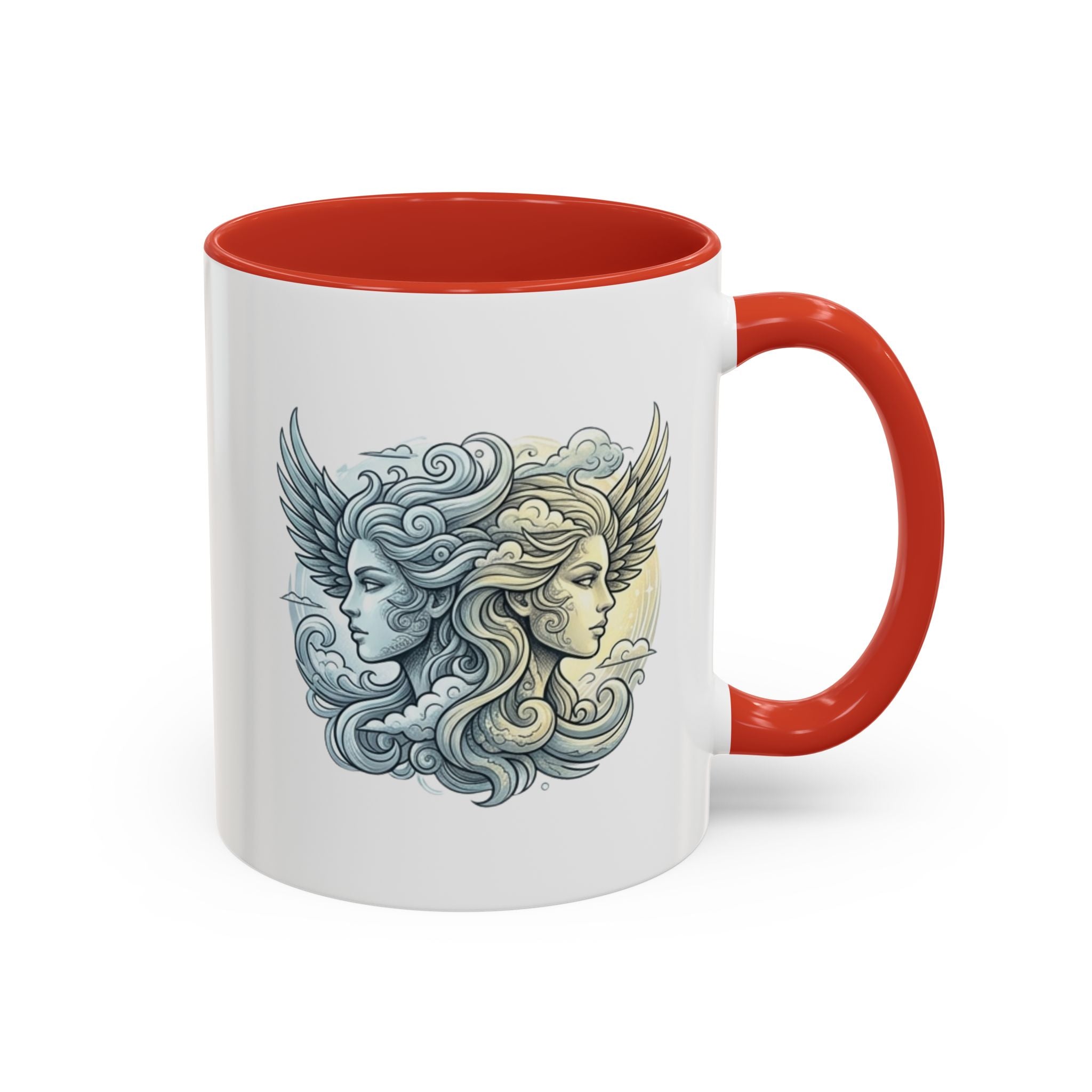 Gemini Twins Accent Coffee Mug — Sun & Moon Winged Faces Illustration