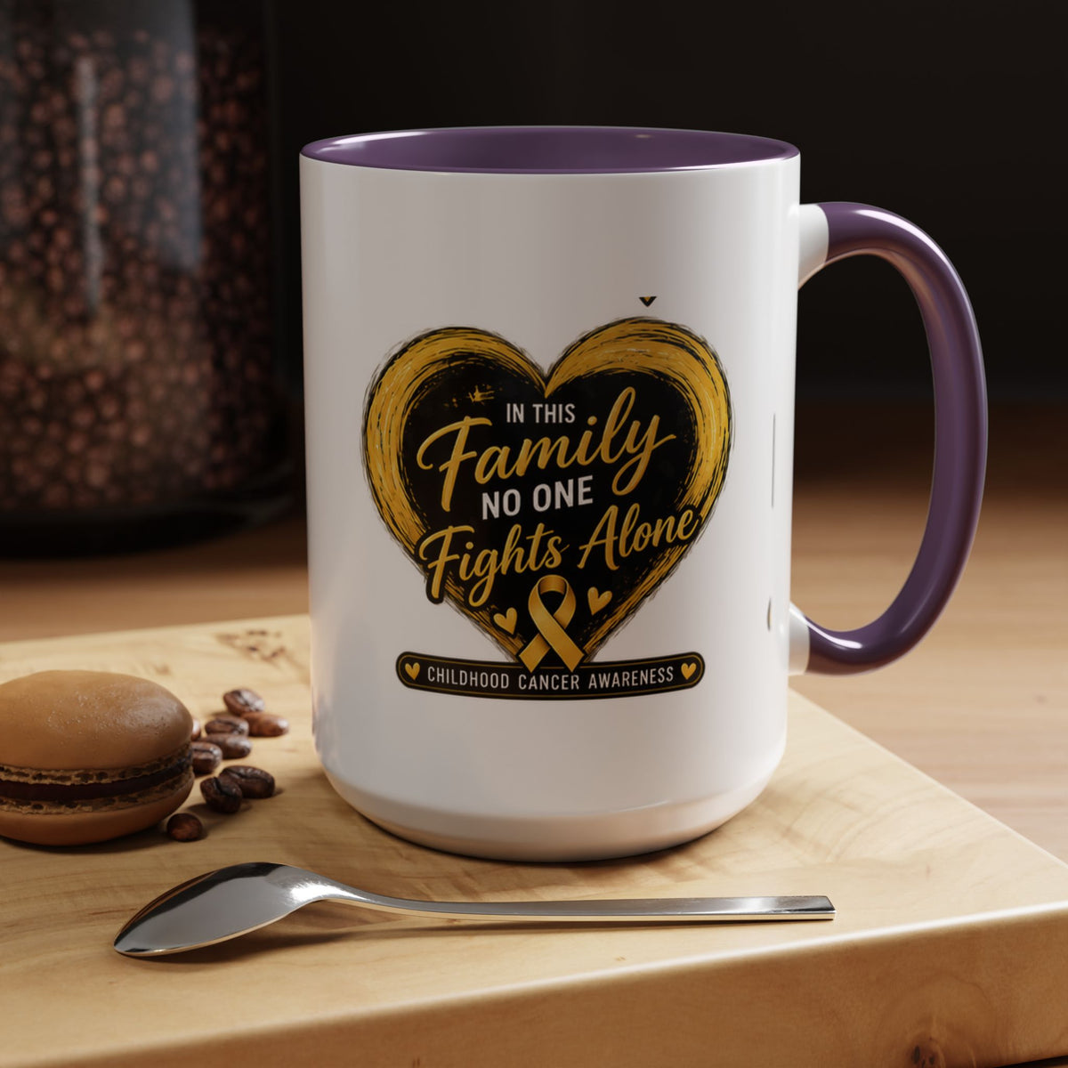 Childhood Cancer Awareness Accent Coffee Mug — "In This Family No One Fights Alone"
