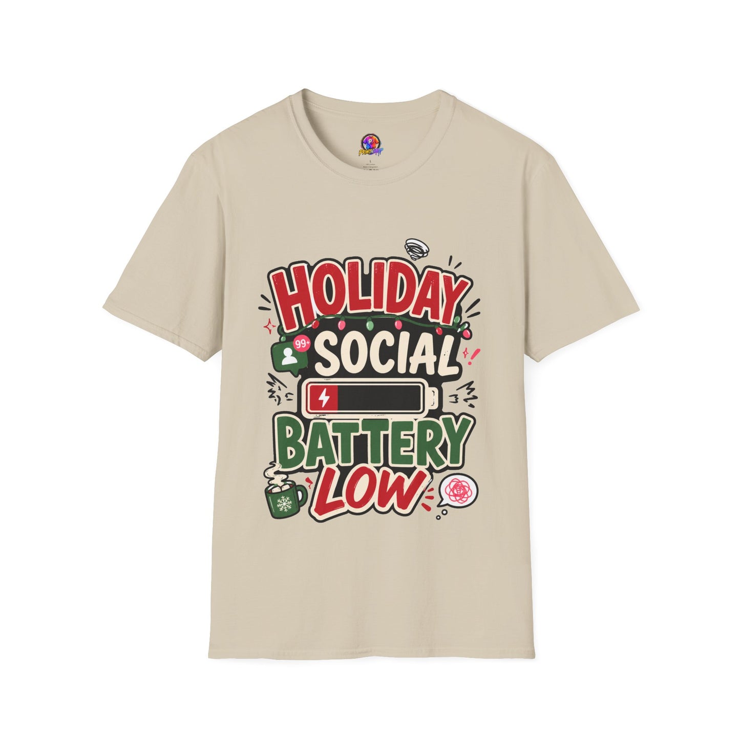 Holiday Social "Battery Low" T‑Shirt — Funny Festive Party Tee for Introverts & Holiday Gatherings