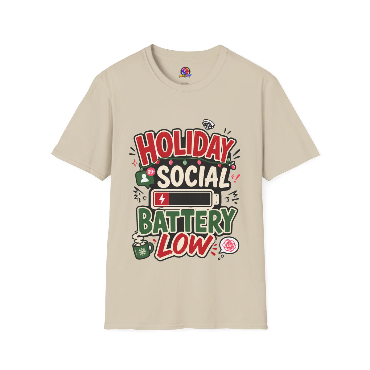 Holiday Social "Battery Low" T‑Shirt — Funny Festive Party Tee for Introverts & Holiday Gatherings