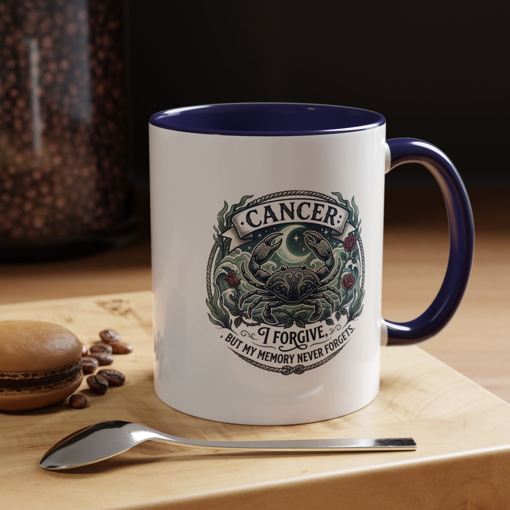 Cancer Zodiac Accent Coffee Mug — 'I Forgive But My Memory Never Forgets' Horoscope Gift