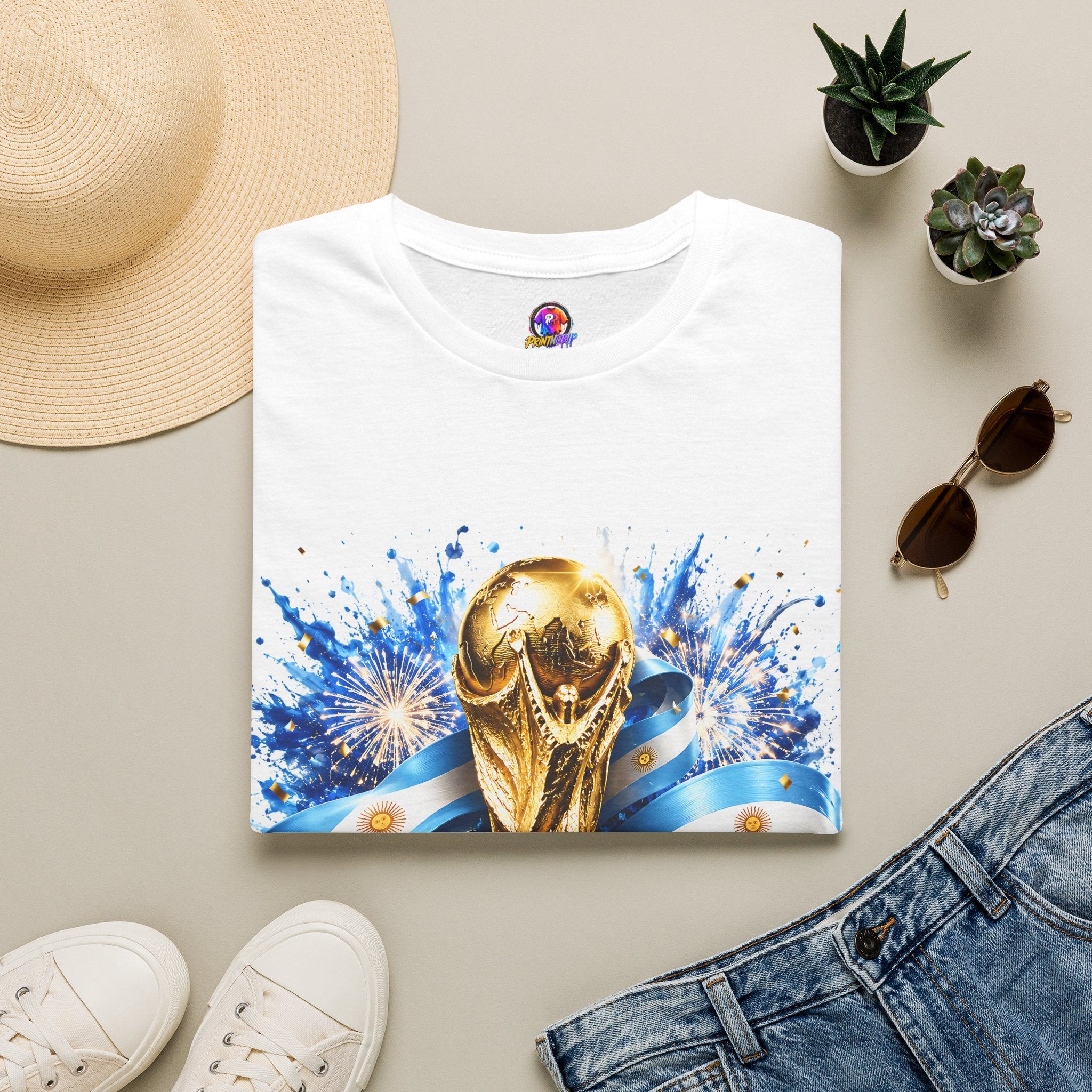 Argentina World Cup Champions T-Shirt — Gold Trophy Celebration Tee