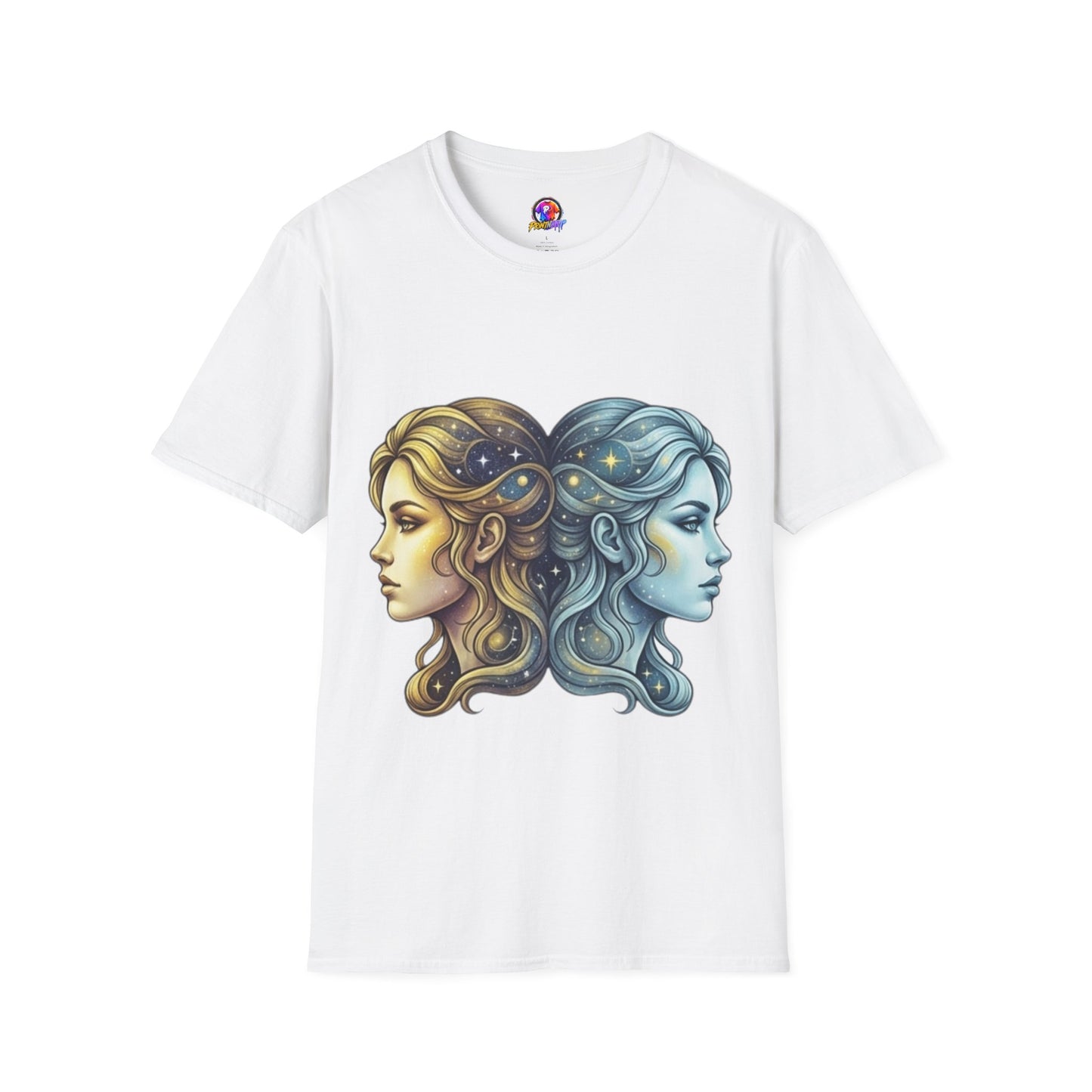 Zodiac Gemini Sun & Moon T-Shirt — Dual Faces Cosmic Design