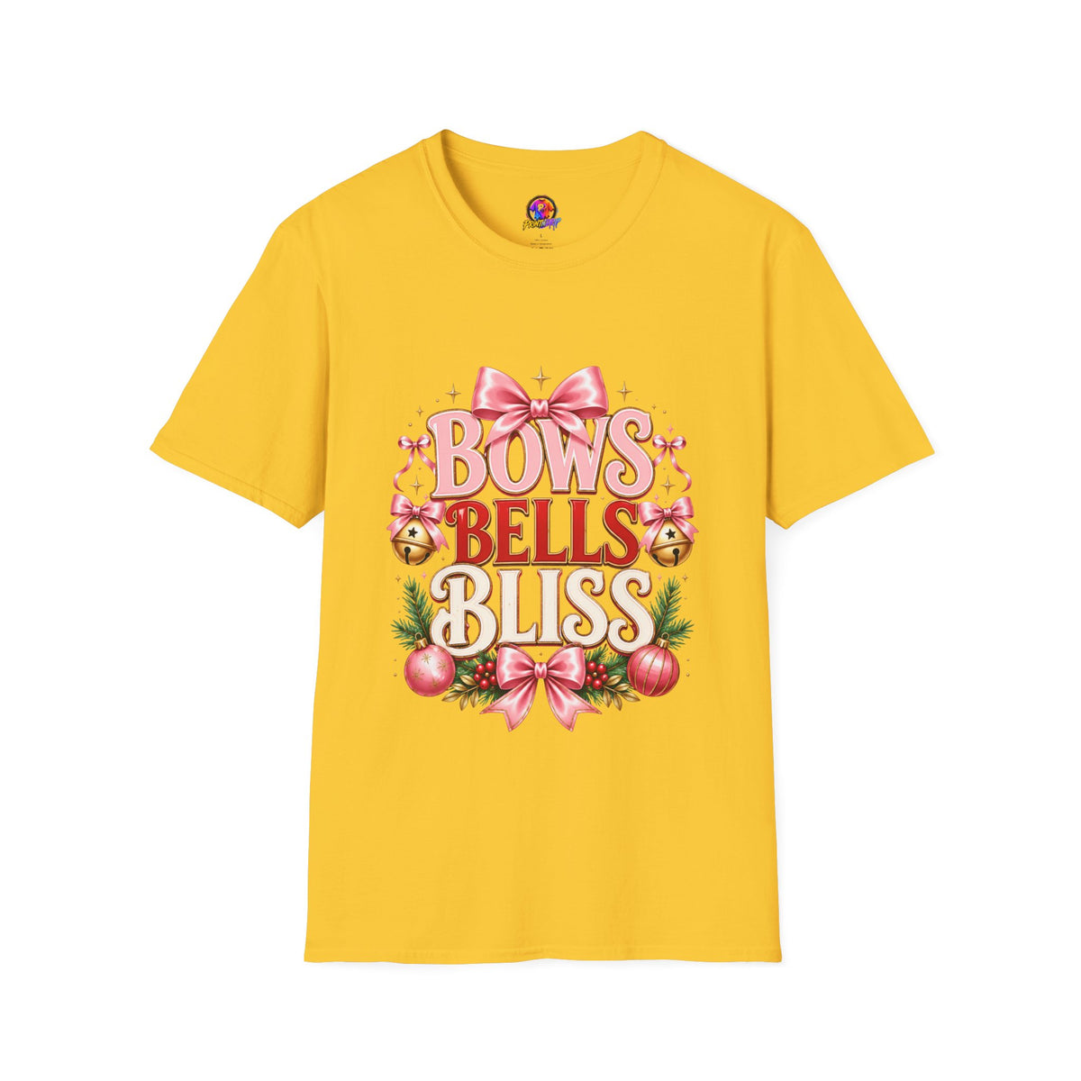 T-Shirt — "Bows Bells Bliss" Pink Holiday Graphic Tee