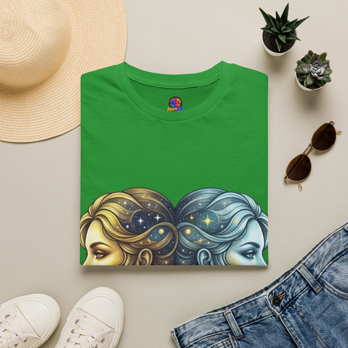 Zodiac Gemini Sun & Moon T-Shirt — Dual Faces Cosmic Design