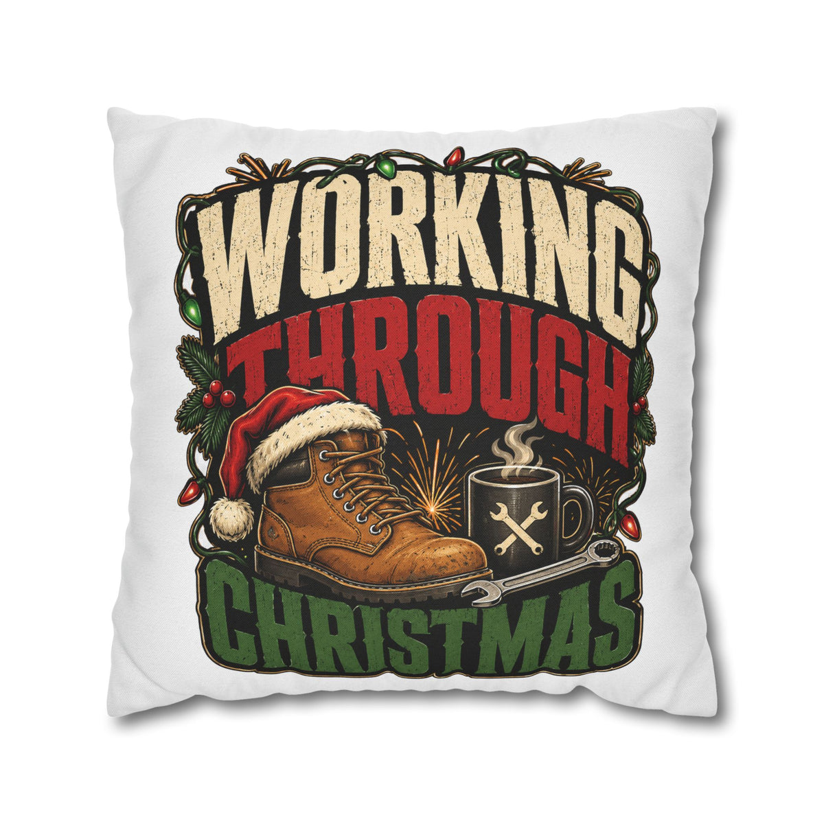 Christmas Work Boots Pillowcase Modern Day Christmas  – "Working Through Christmas" Holiday Throw Pillow Cover