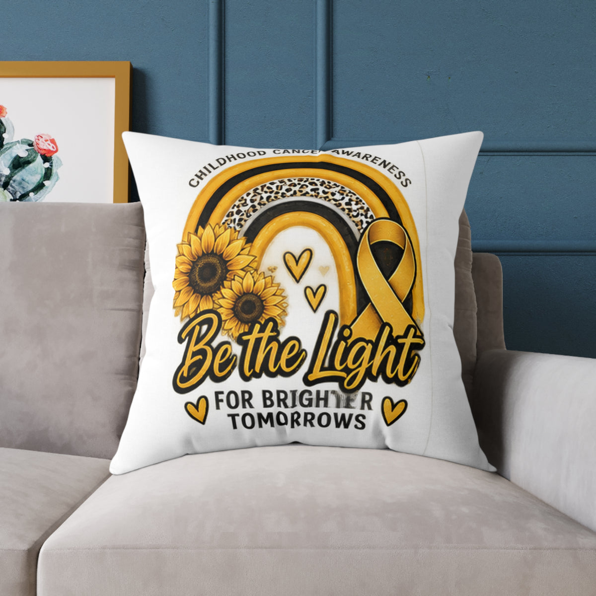Childhood Cancer Awareness Pillow — “Be the Light for Brighter Tomorrows” Square Throw Pillow
