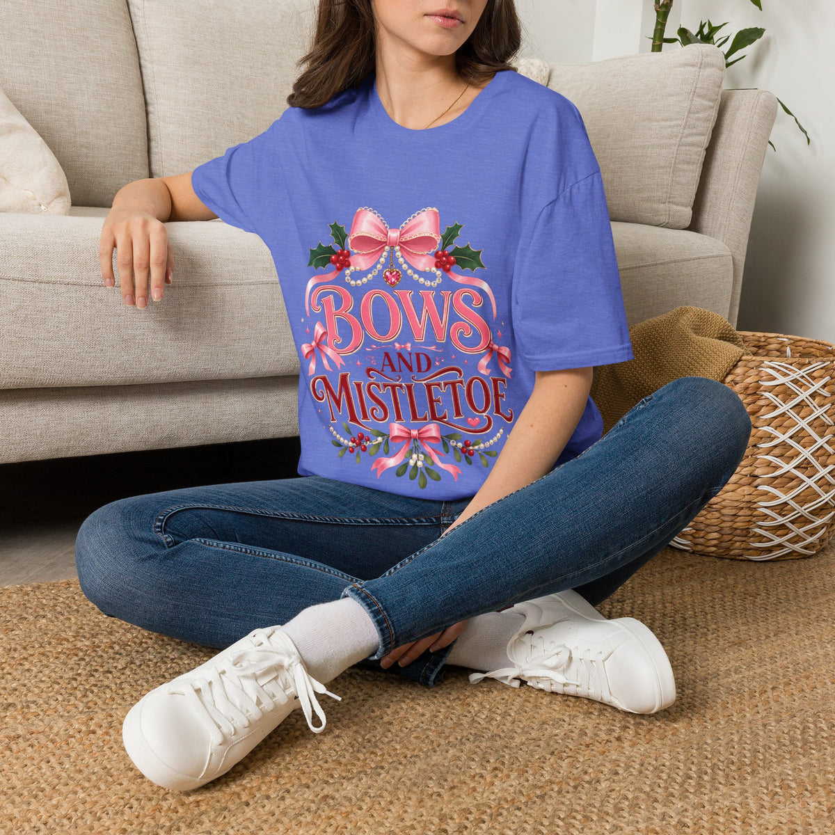 Bows and Mistletoe T-Shirt — Pink Holiday Bow Christmas Tee