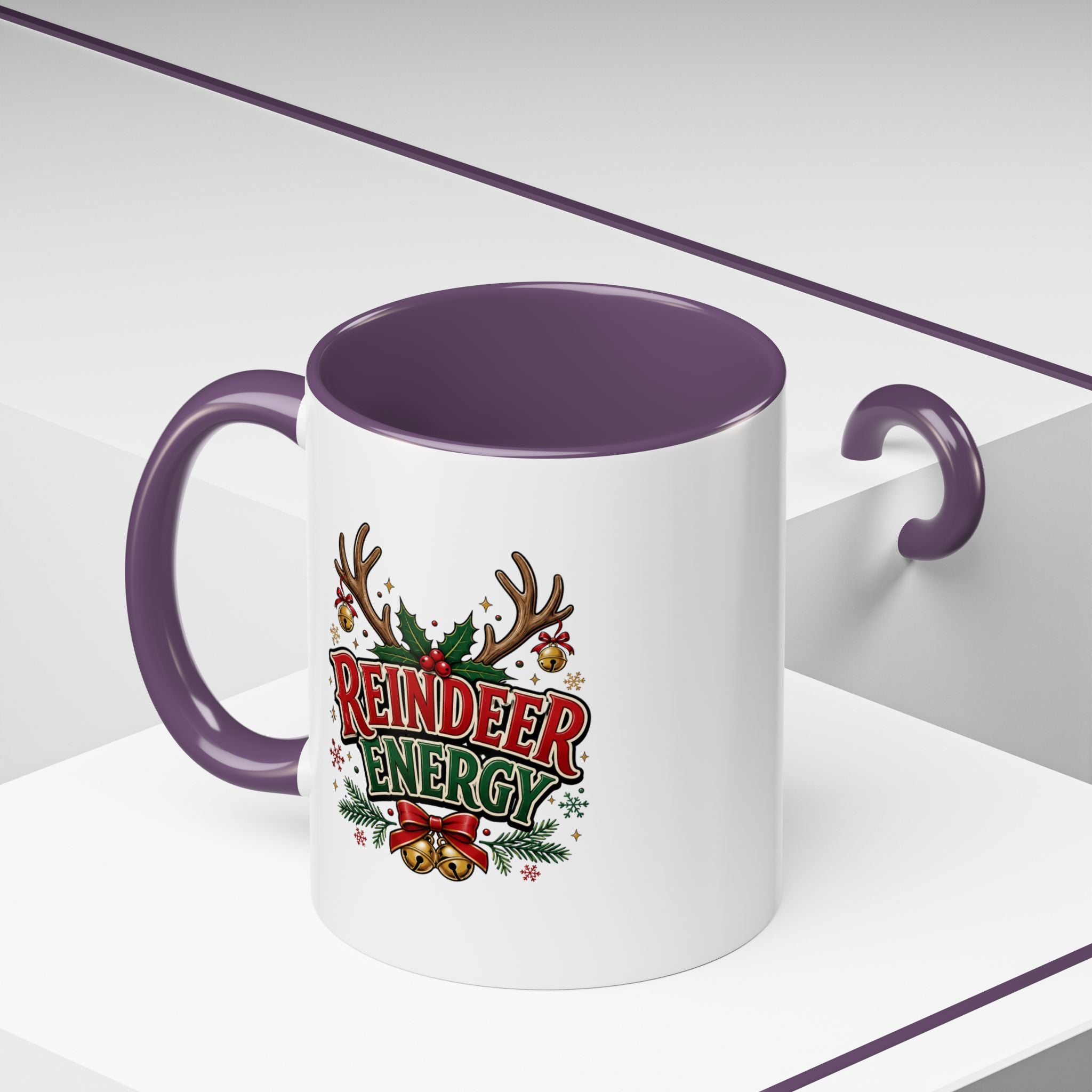 Reindeer Energy Coffee Mug – Holiday Christmas Antlers & Bells Accent Mug