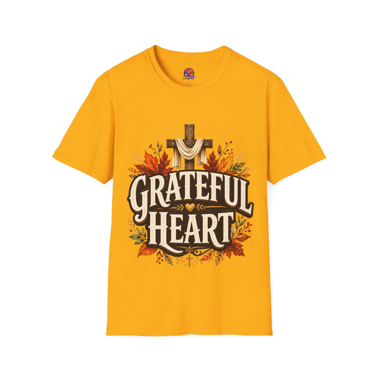Thanksgiving T-Shirt Grateful Heart T-Shirt — Christian Cross & Autumn Leaves Thanksgiving Tee