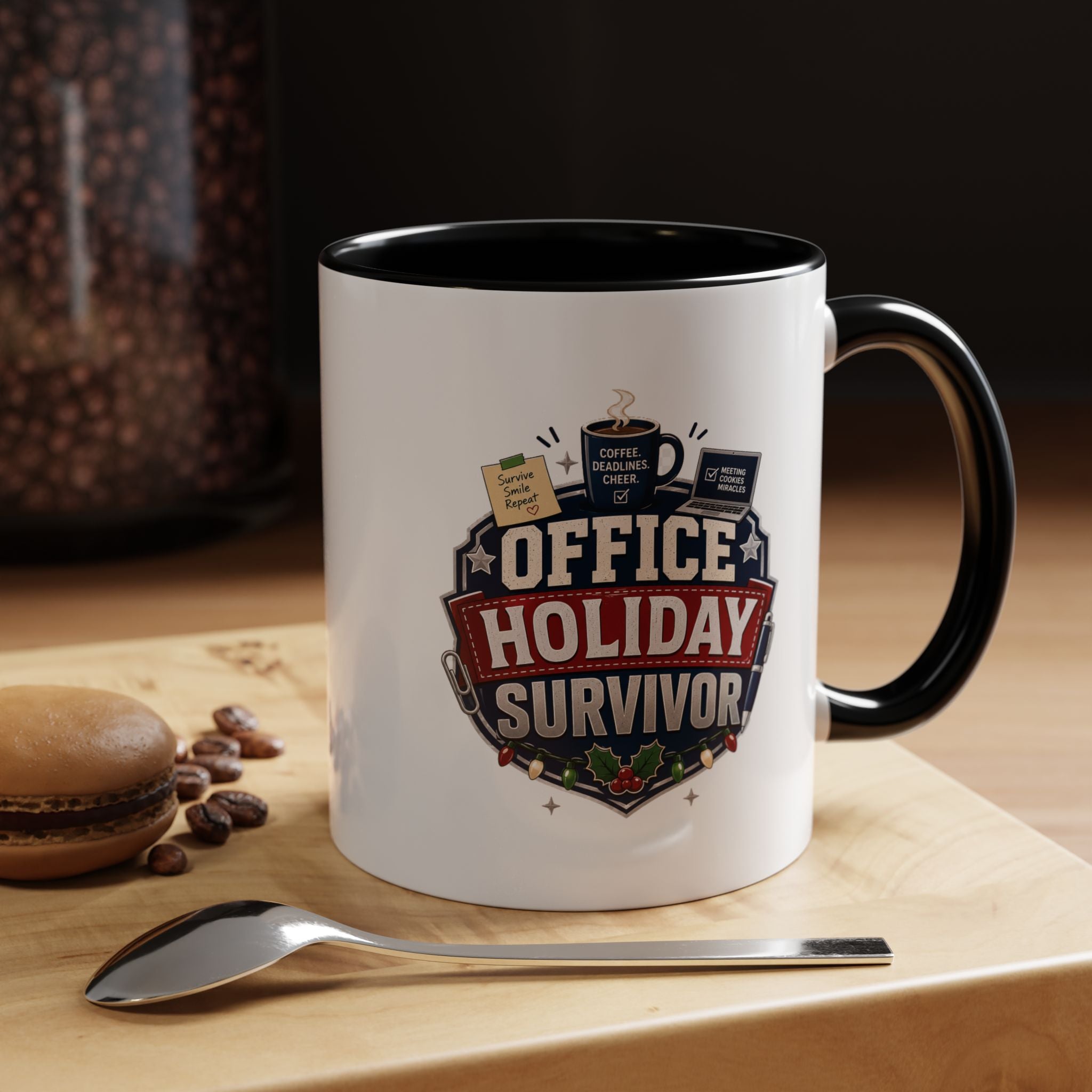Modern Day Christmas Office Holiday Survivor Accent Coffee Mug – Funny Christmas Office Gift