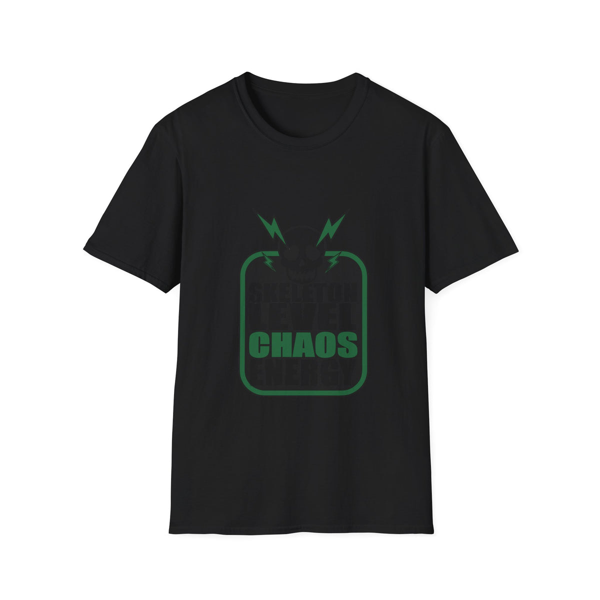 Skeleton Level Chaos Energy Green Badge T-Shirt - Edgy Alt Streetwear Graphic Tee - Trending Now - September 2026