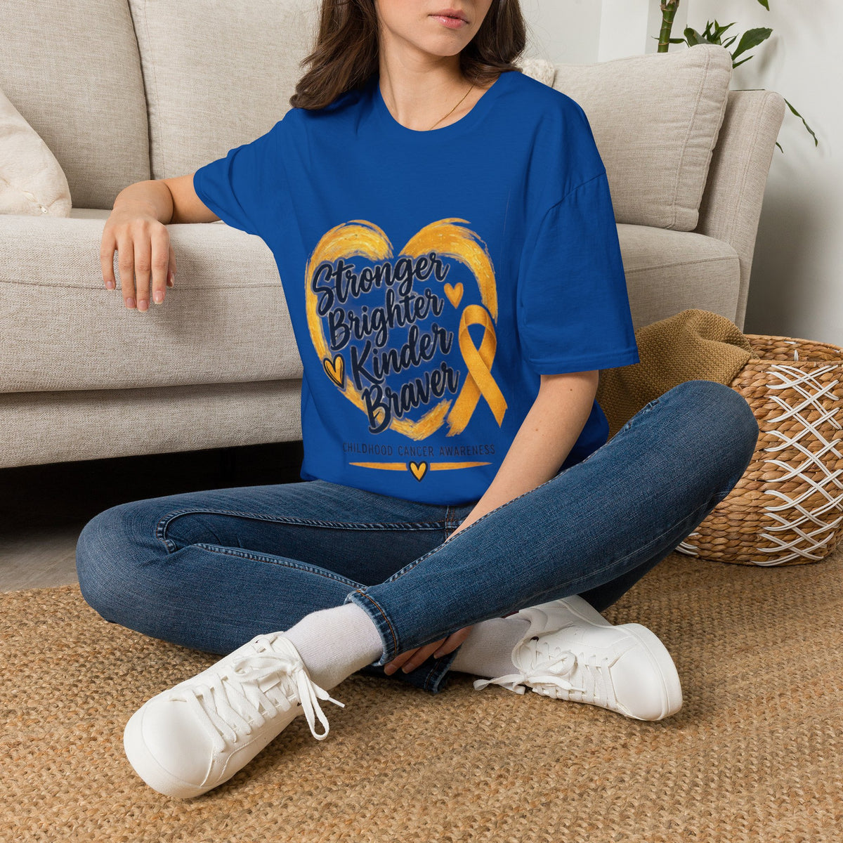 Childhood Cancer Awareness T-Shirt — "Stronger Brighter Kinder Braver" Gold Ribbon