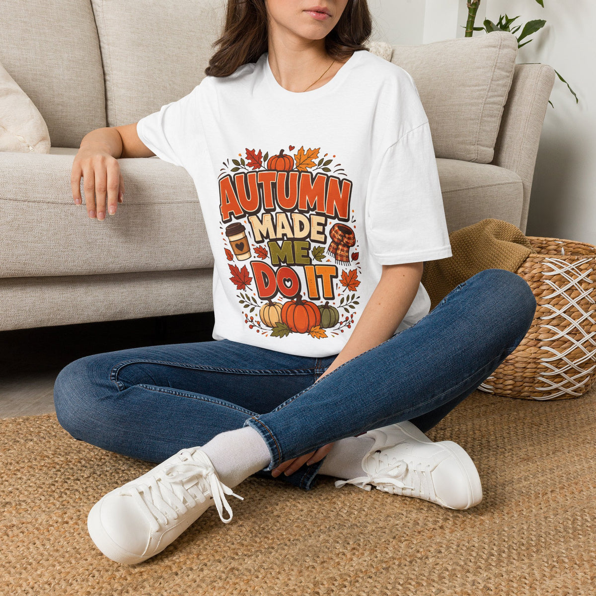 Thanksgiving T-shirt Autumn Made Me Do It T-Shirt — Fall Pumpkin & Leaves Graphic Tee
