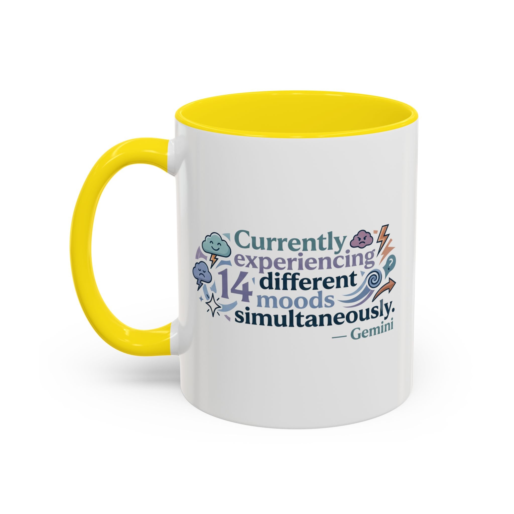 Gemini Mood Coffee Mug — "Currently Experiencing 14 Different Moods" Accent Ceramic Mug