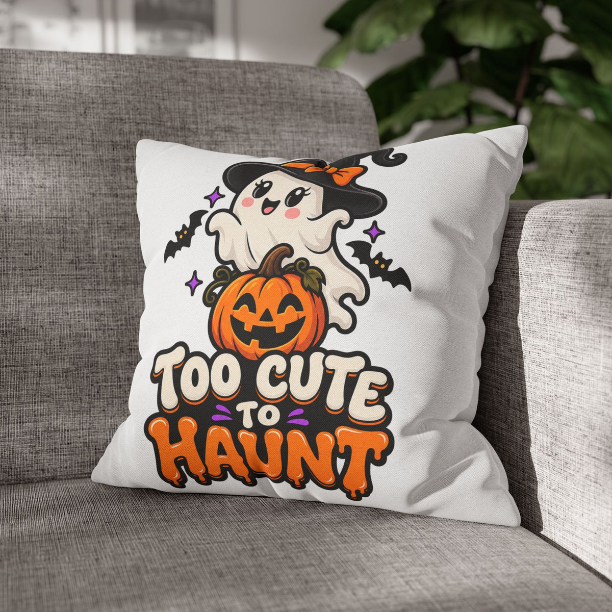 Halloween Pillowcase — "Too Cute to Haunt" Ghost Pumpkin Decorative Pillow Cover