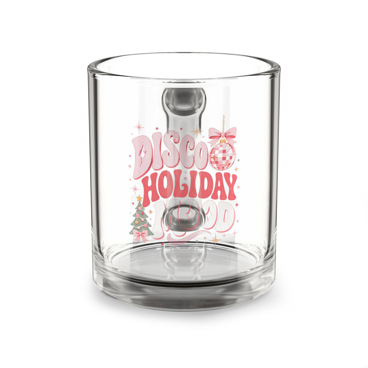 Modern Day Christmas Glass Mug  10oz Glass Mug — “Disco Holiday” Festive Pink Disco Ball Christmas Coffee Cup