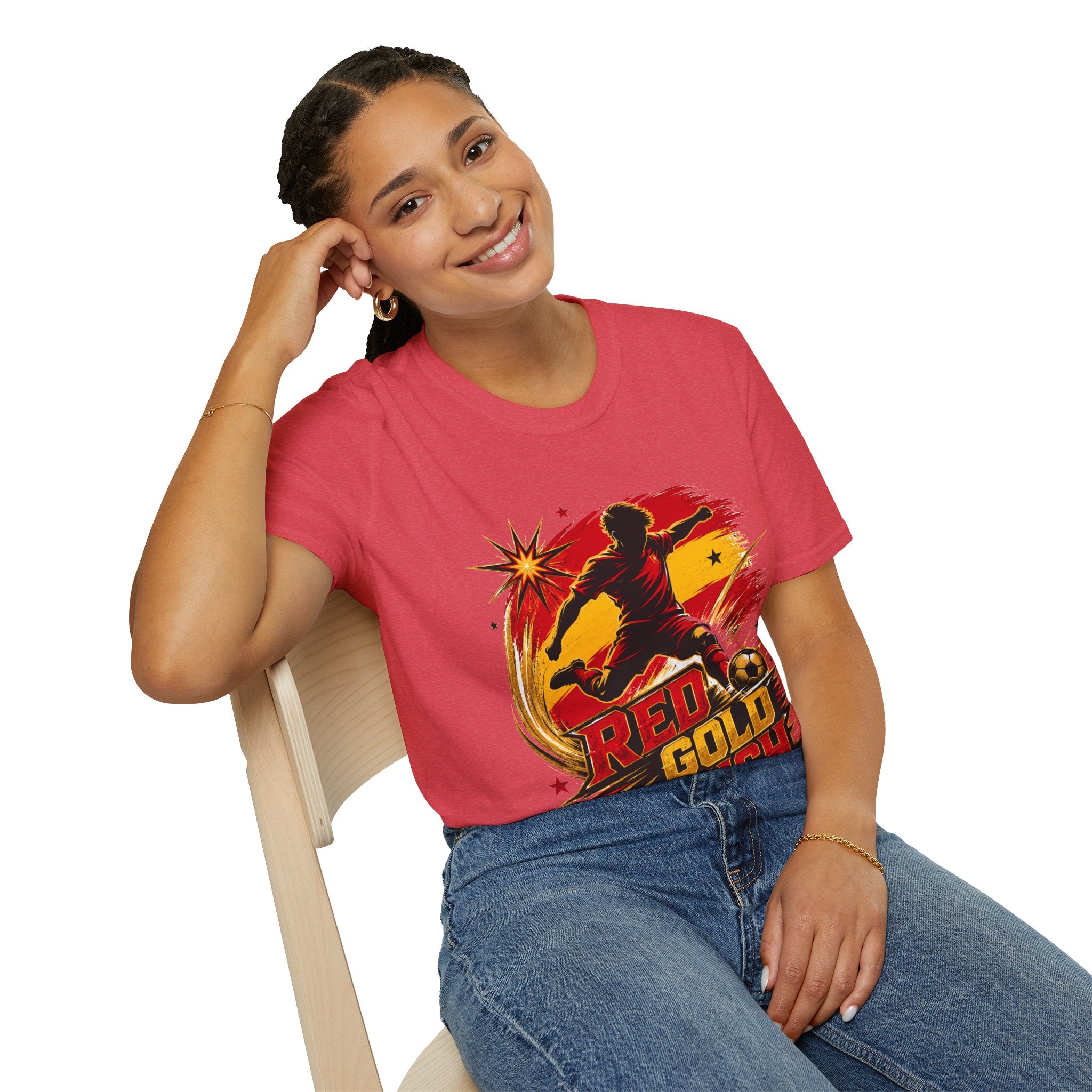 Spain Red & Gold Rush Soccer T-Shirt — Retro Soccer Player Graphic