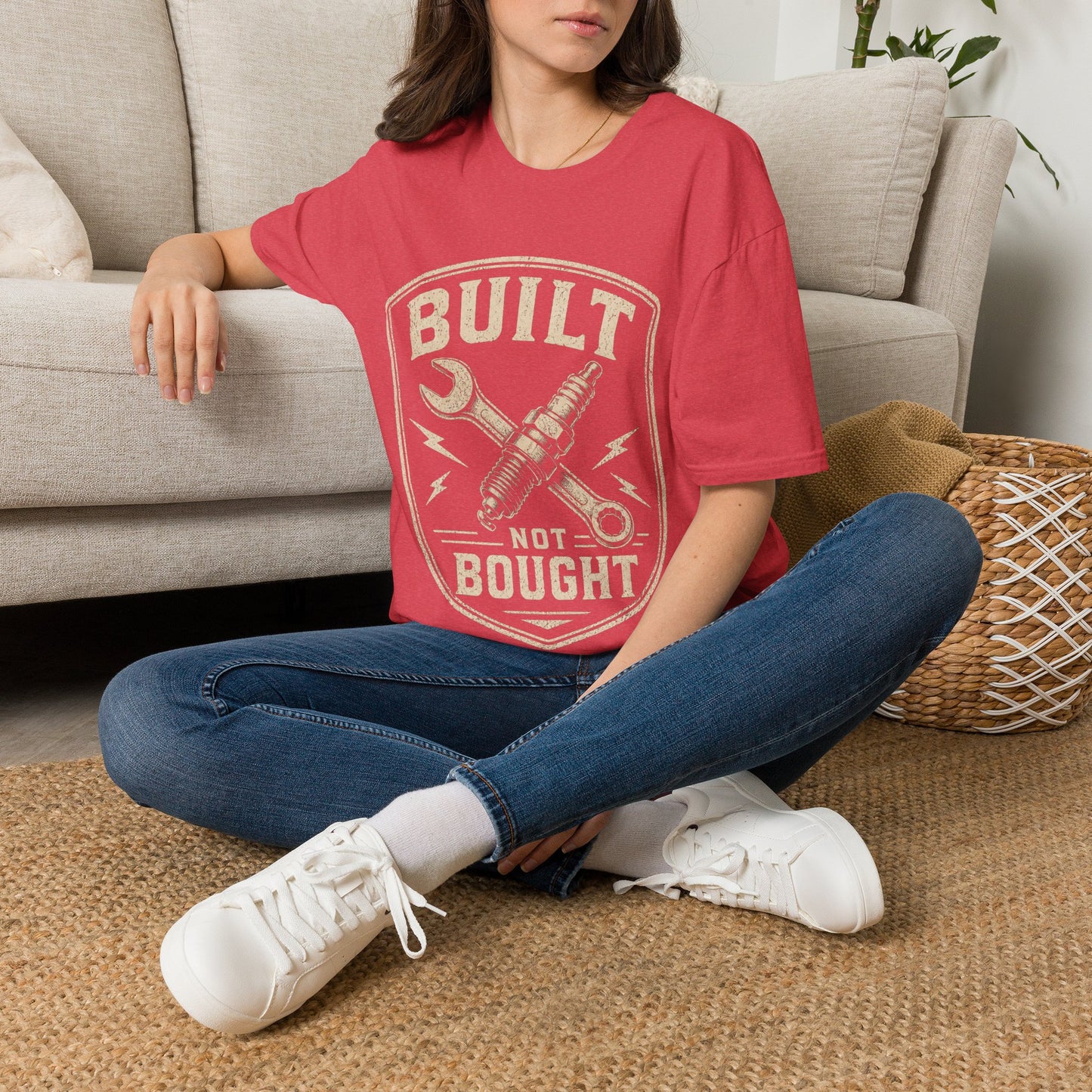 Built Not Bought T-Shirt — Vintage Mechanic Wrench & Spark Plug Design