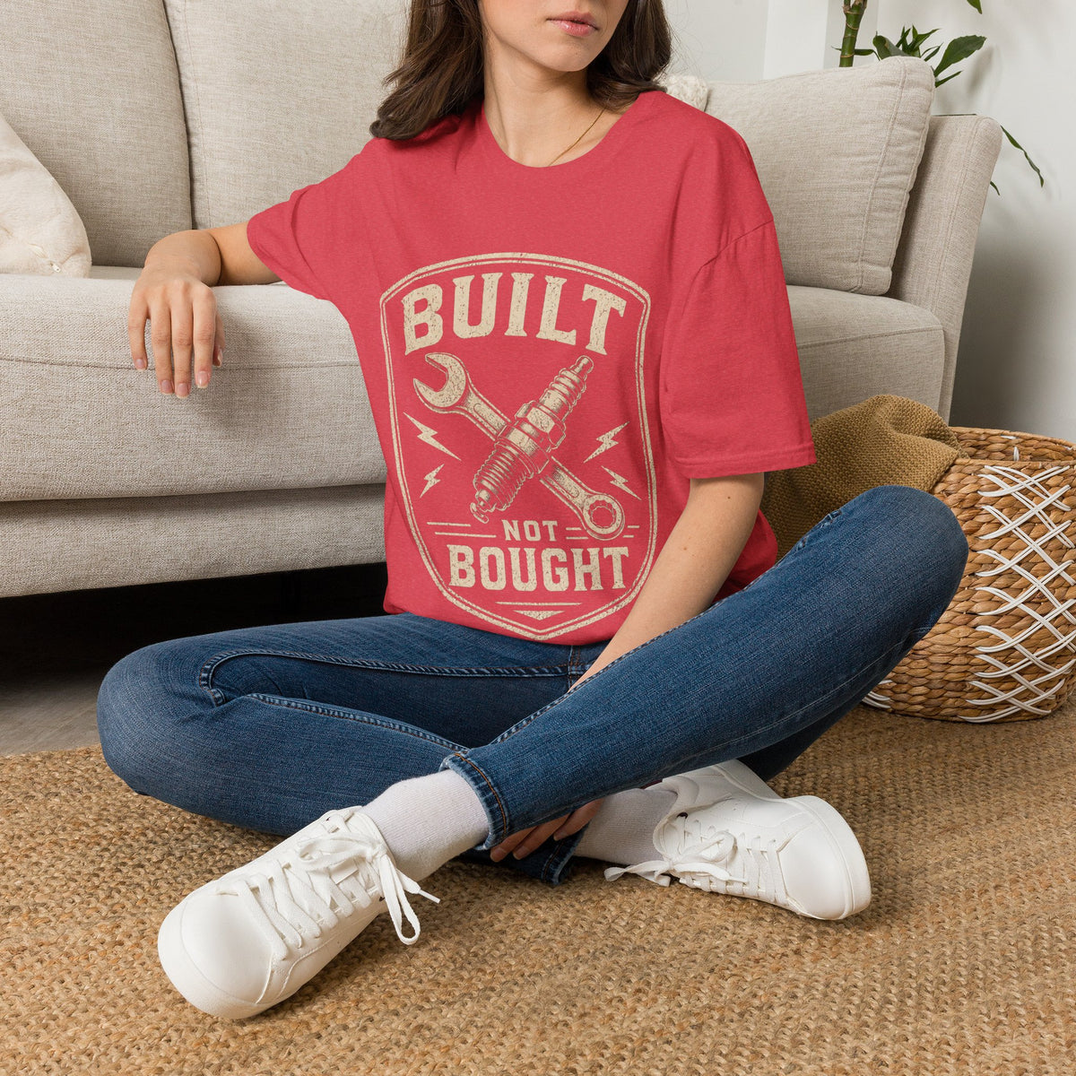 Built Not Bought T-Shirt — Vintage Mechanic Wrench & Spark Plug Design
