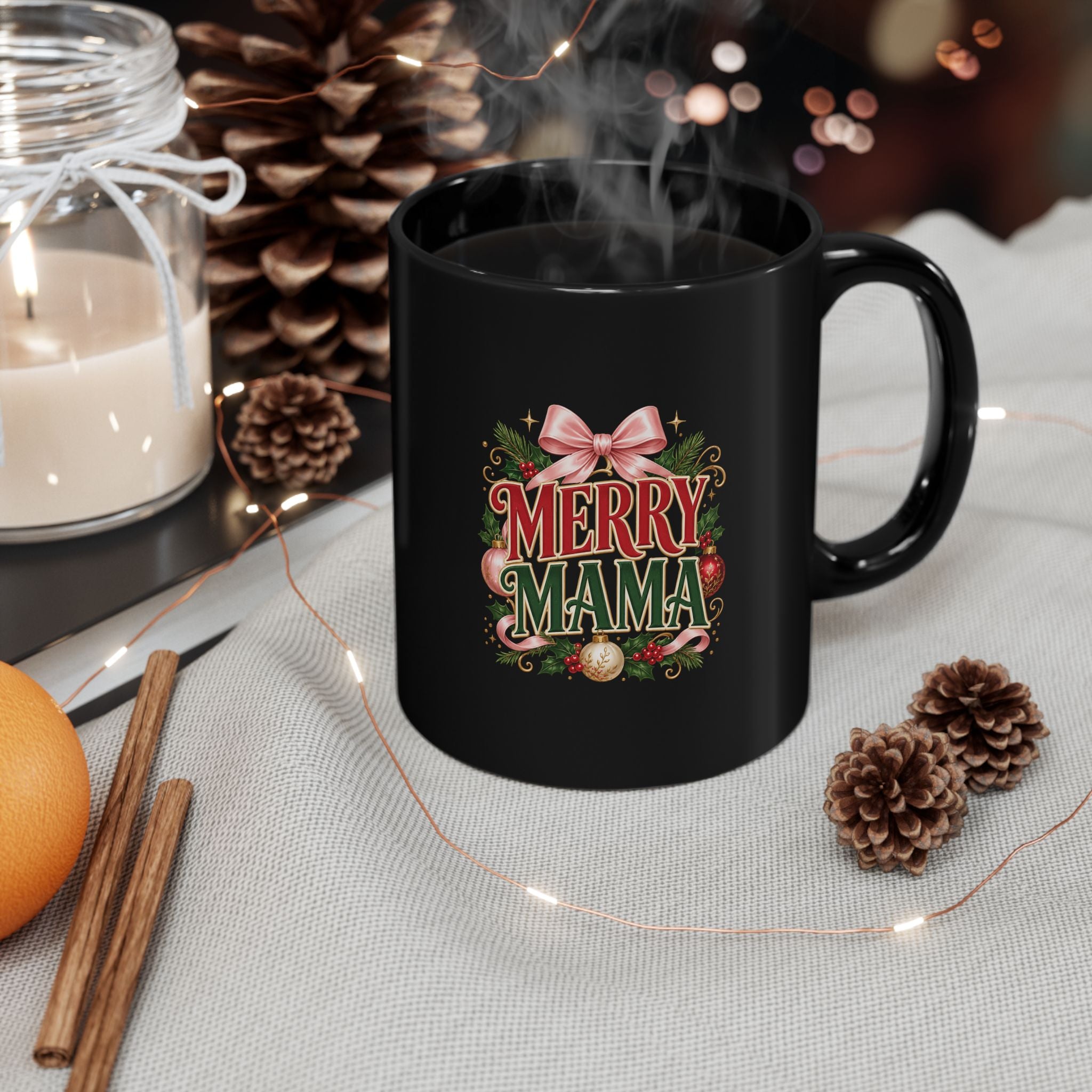 Merry Mama Christmas Mug — Festive Black Ceramic Holiday Coffee Cup