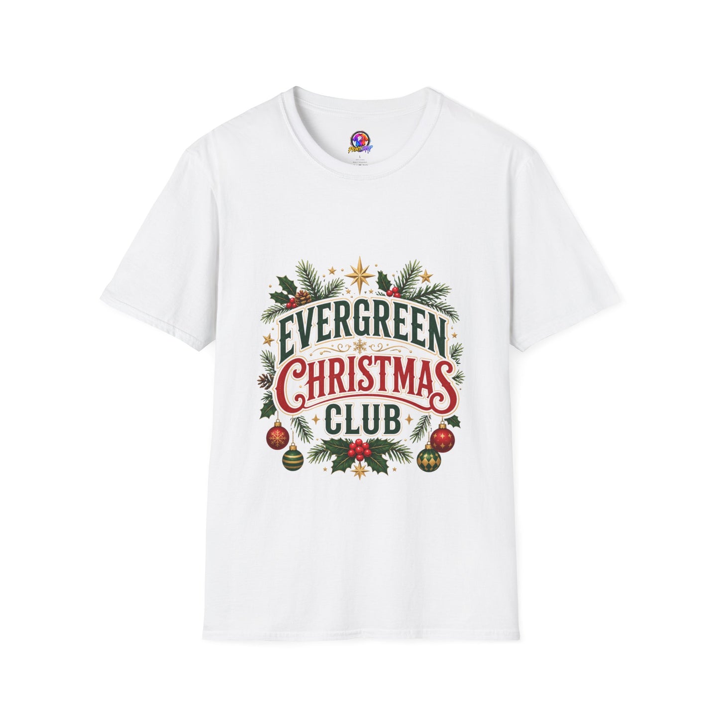 Evergreen Christmas Club T-Shirt — Vintage Holiday Pine & Ornaments Tee