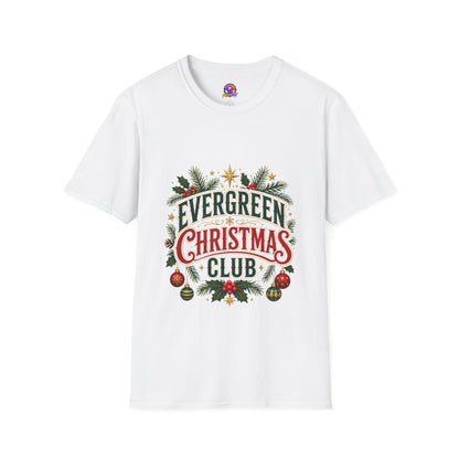 Evergreen Christmas Club T-Shirt — Vintage Holiday Pine & Ornaments Tee