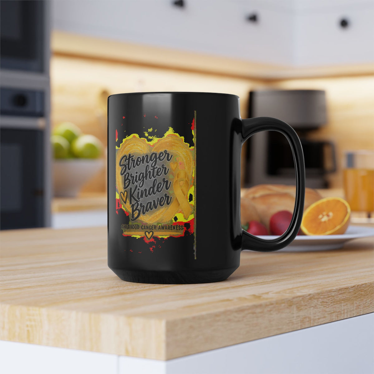 Childhood Cancer Stronger, Brighter, Kinder, Braver Yellow Ribbon Awareness Mug