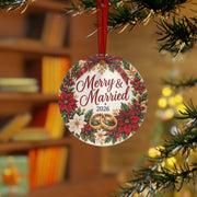 Merry & Married 2026 Metal Ornament — Christmas Wedding Keepsake