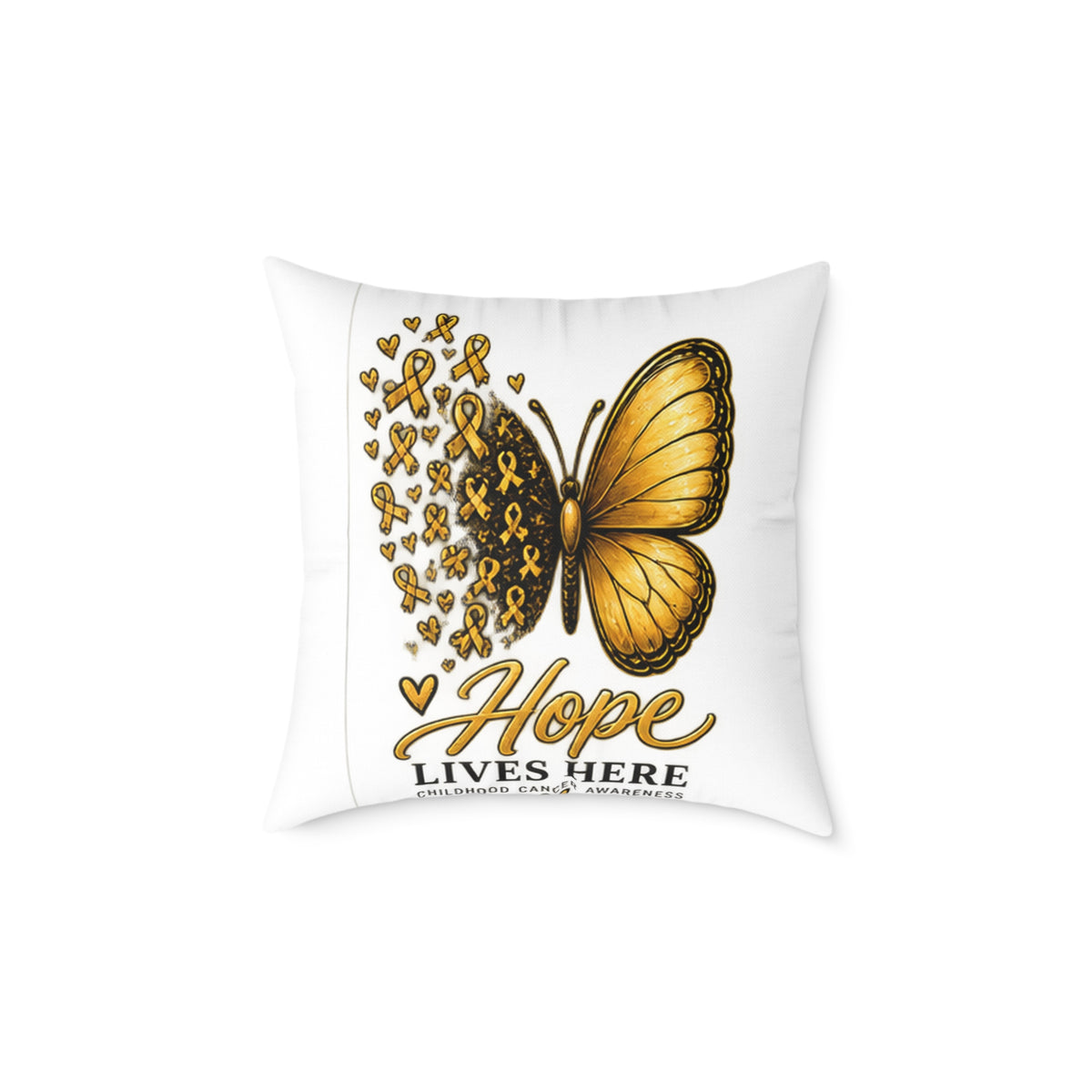 Childhood Cancer Hope Lives Here Butterfly Pillow — Gold Awareness Ribbon Accent