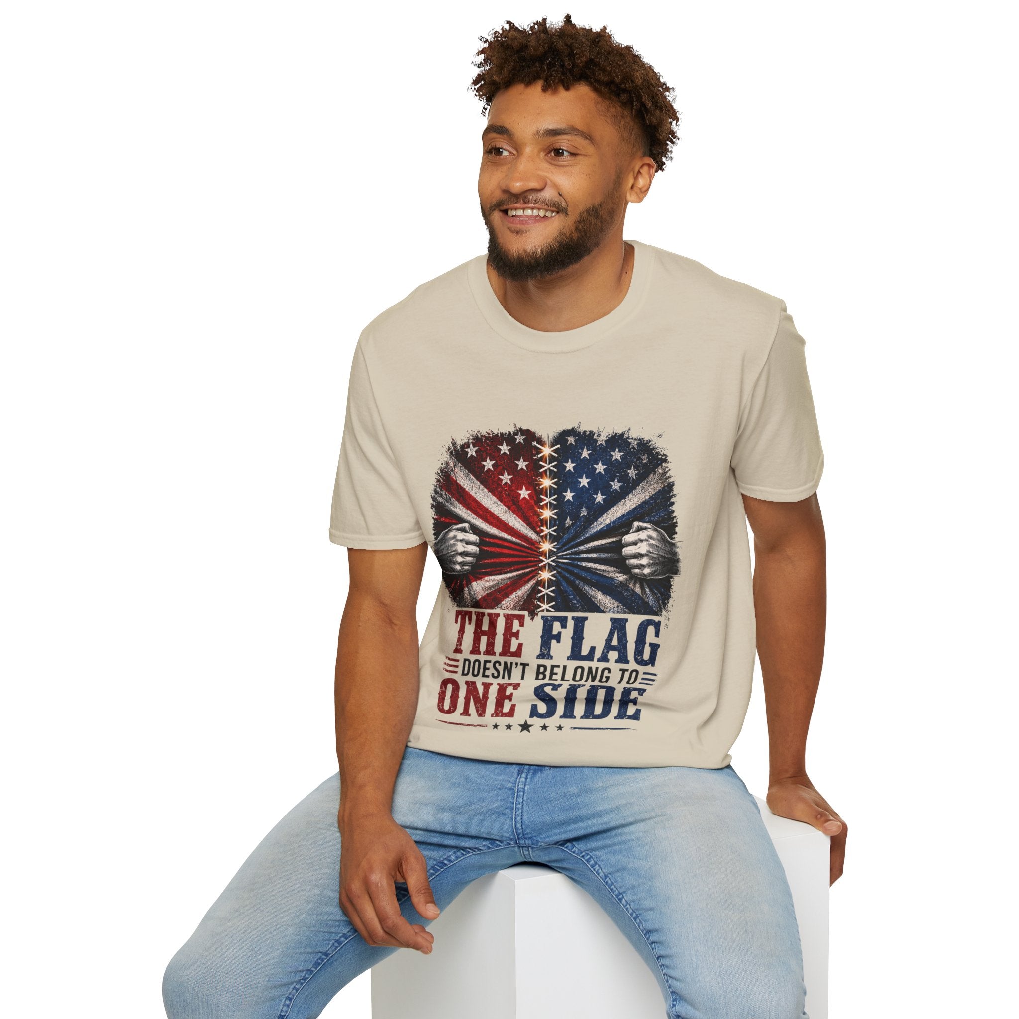 T-Shirt — "The Flag Doesn't Belong to One Side" Distressed American Flag Graphic