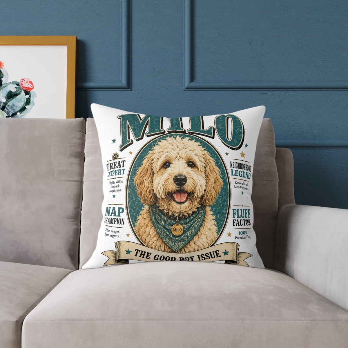 Milo Bailey Dog Dad Mom Square Pillow — "Milo: The Good Boy Issue" Dog Portrait Decorative Throw Pillow
