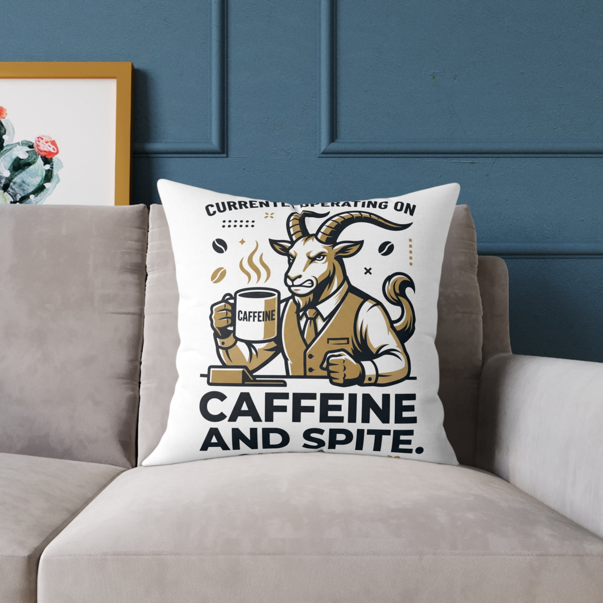 Capricorn Caffeine and Spite Goat Pillow — Funny Coffee Lover Square Throw Pillow